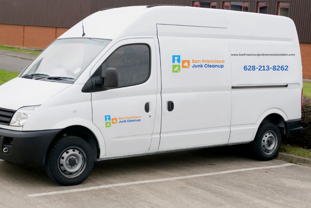 A white van in a parking lot, representing a junk removal service based in San Francisco, CA.